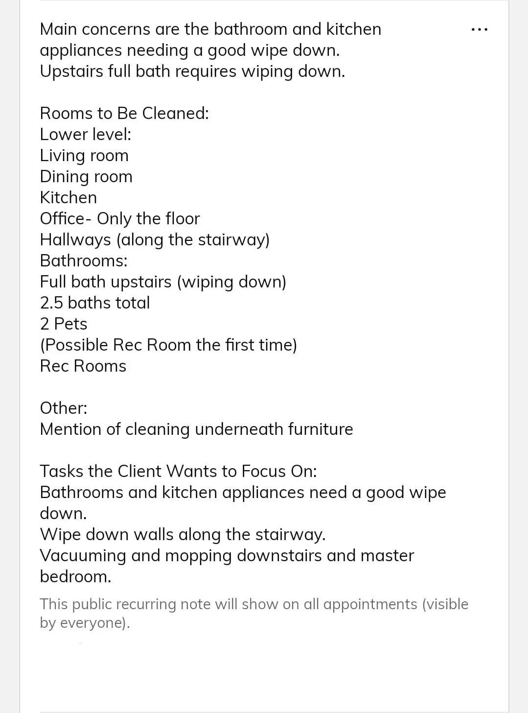 Office cleaning team notes showing customized business requirements and specific cleaning tasks for commercial clients